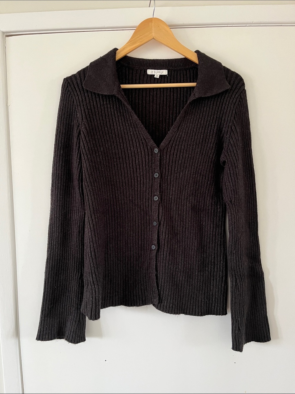 Z Supply Black Ribbed Button-Up Cardigan with Open Collar
